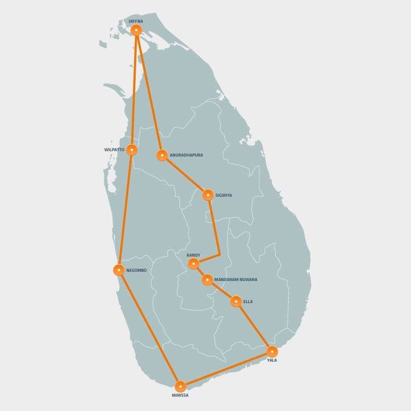 De route van je rondreis door Sri Lanka